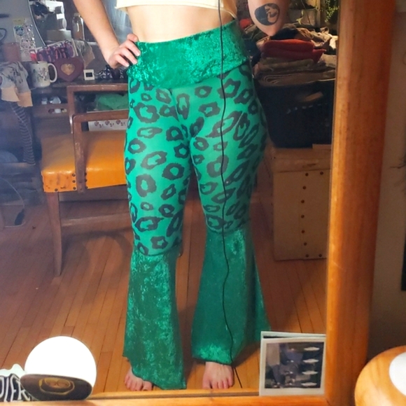 Leopard Print Velour Turquoise/Emerald Festival Dance Burning Man Rave Pants - Picture 4 of 9
